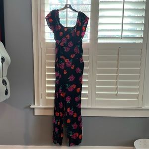 Floral smocked off the shoulder jumpsuit